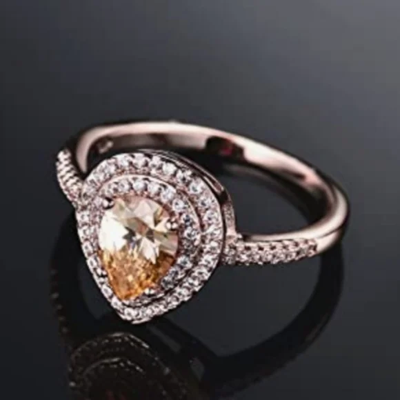 Vintage Citrine Raindrop Diamond Baguette Ring 18k RG - Picture 2 of 6